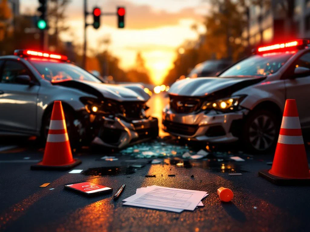 Auto-ongeluk op kruispunt tijdens gouden uur met twee beschadigde voertuigen, veiligheidskegels en ongevalsformulieren