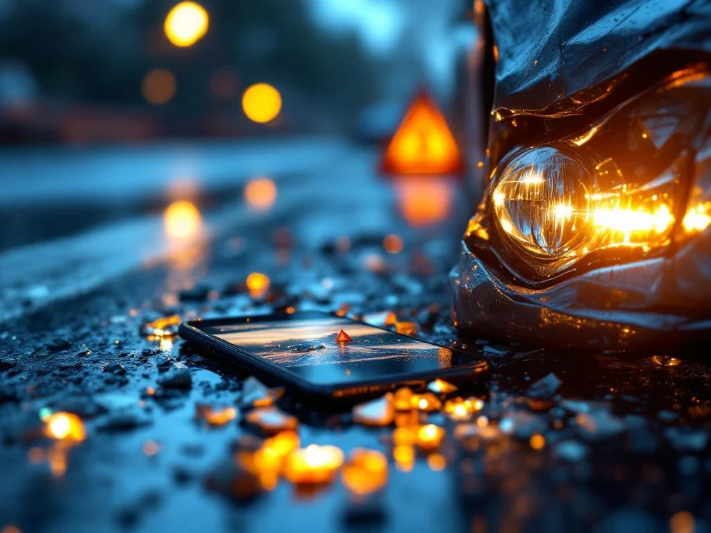 Beschadigde autobumper en koplamp op natte weg met glasscherven, smartphone en verkeerskegels na auto-ongeluk