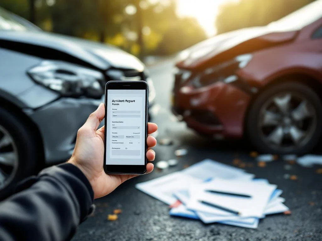 Hand met smartphone toont ongevallenformulier na auto-ongeluk op Nederlandse straat met beschadigde voertuigen
