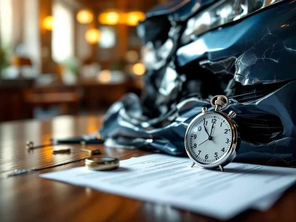 Beschadigde autobumpers na botsing met juridische documenten en stopwatch op bureau in advocatenkantoor