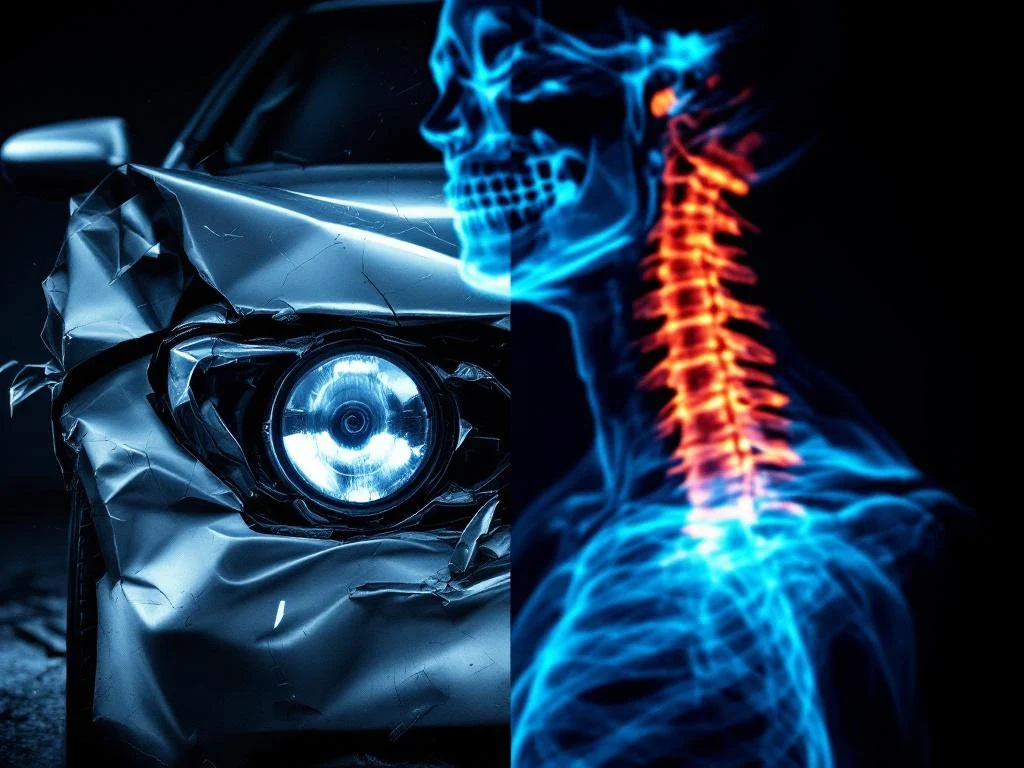 Gesplitst scherm toont auto-ongeluk schade: beschadigde auto links, röntgenfoto wervelkolom rechts voor letselschade