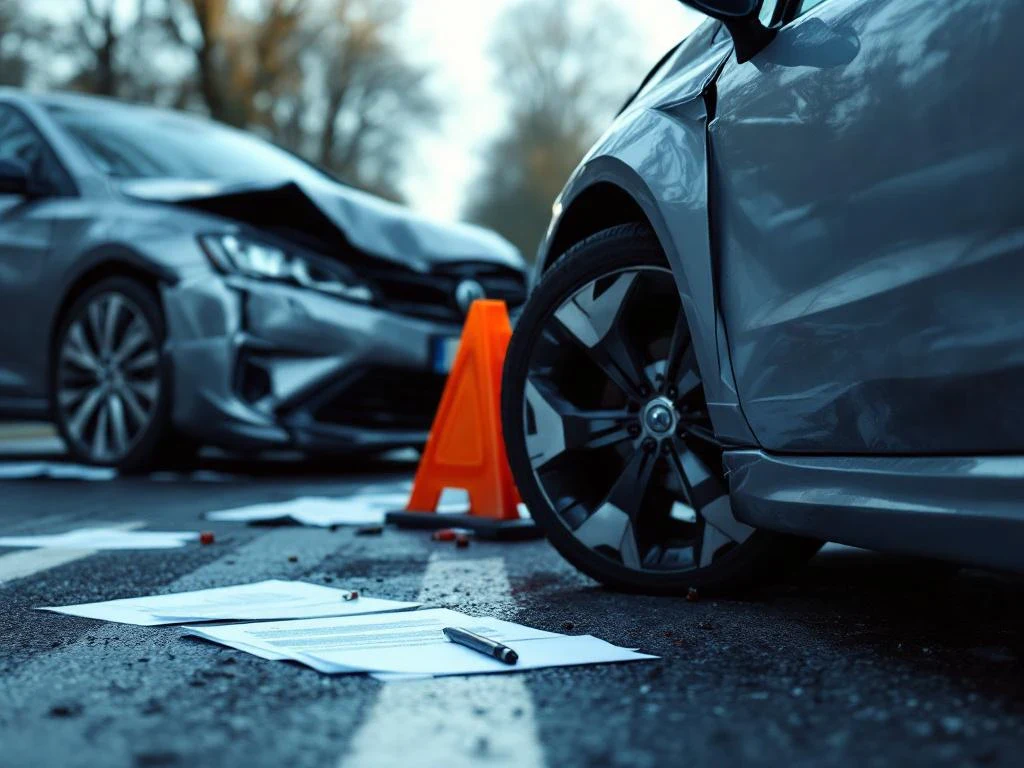 Twee beschadigde auto's na botsing op Nederlandse straat met waarschuwingsdriehoeken en verzekeringspapieren