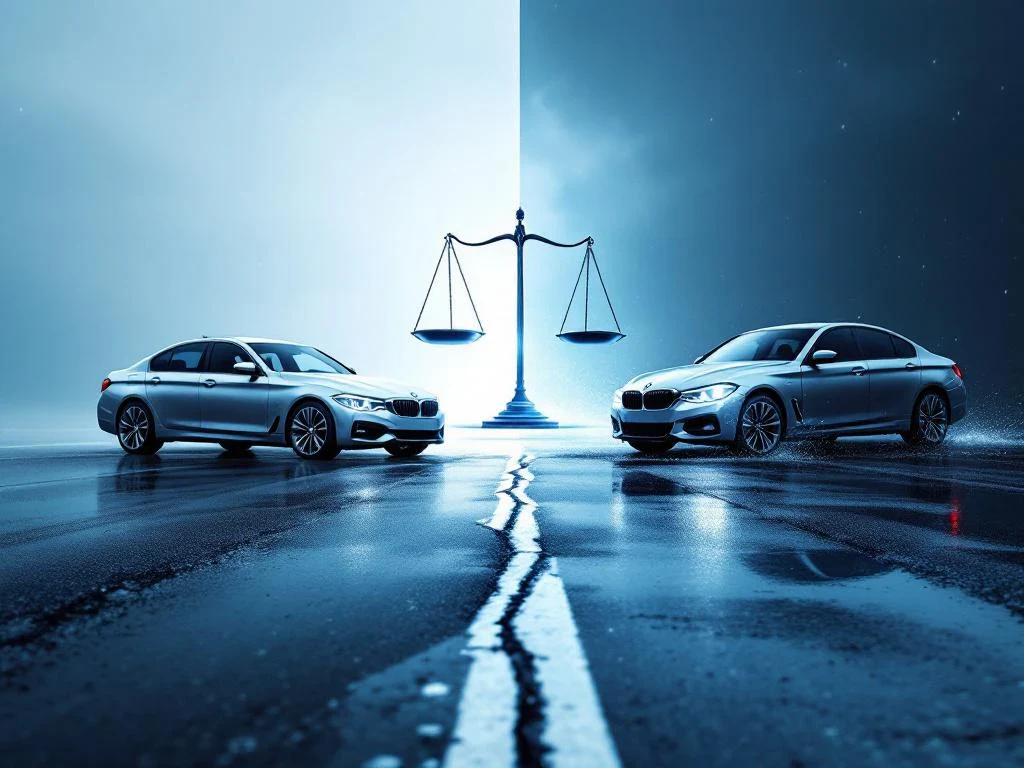 Gesplitste weergave van auto-ongeval scenario's: onbeschadigde zilveren sedan versus beschadigde auto met remsporen, weegschaal van justitie ertussen