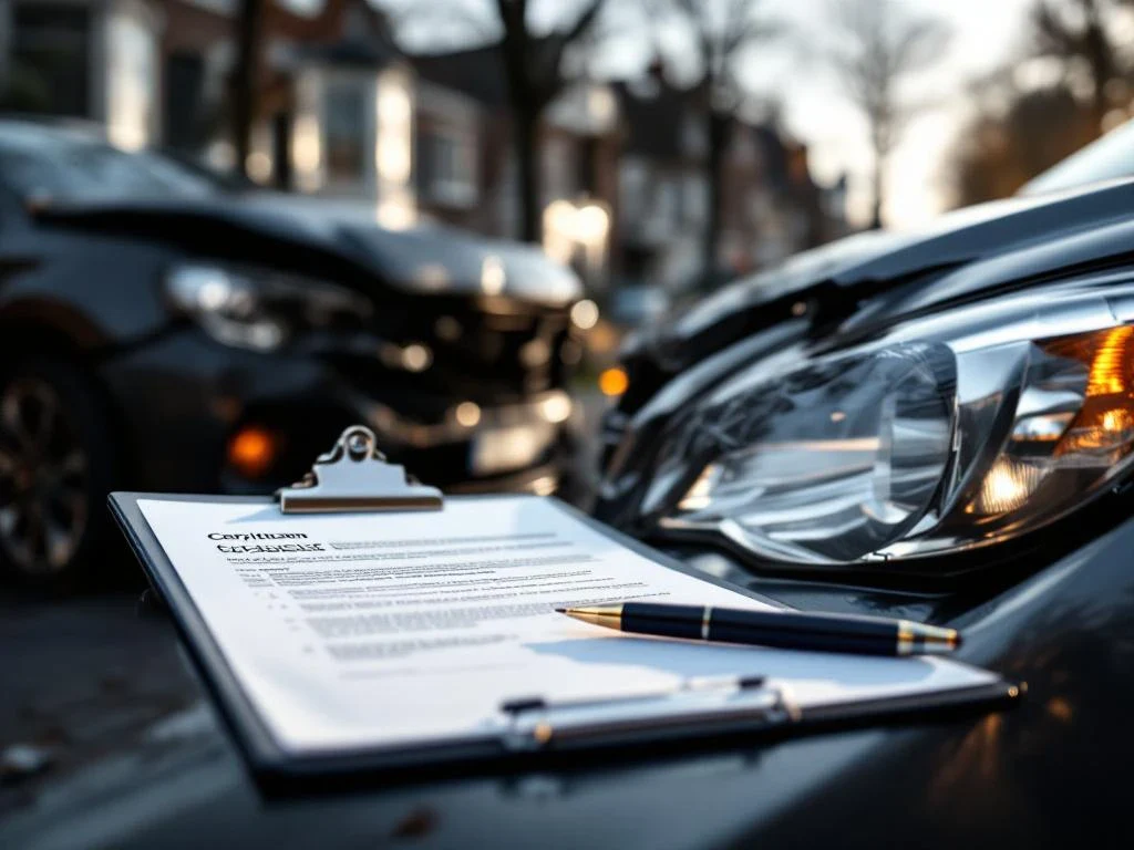 Beschadigde auto met juridische documenten op motorkap na verkeersongeval op Nederlandse straat