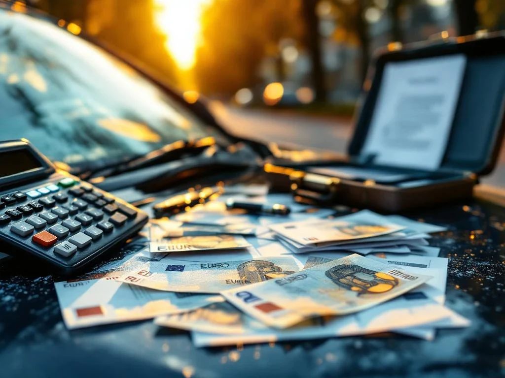 Beschadigde auto na ongeval met eurobiljetten en documenten op motorkap, open aktetas met juridische papieren op achtergrond