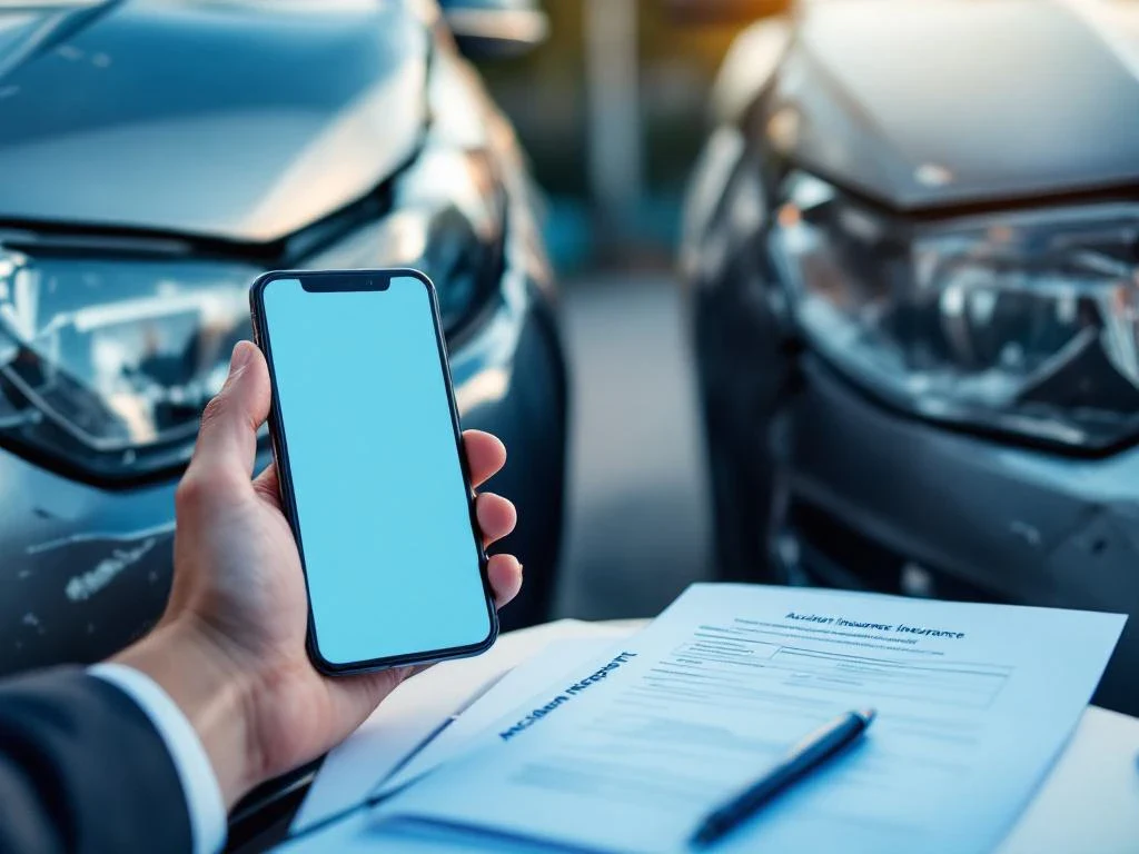 Hand houdt smartphone met verzekeringscontact vast bij beschadigde auto-bumpers na ongeval met formulieren op motorkap