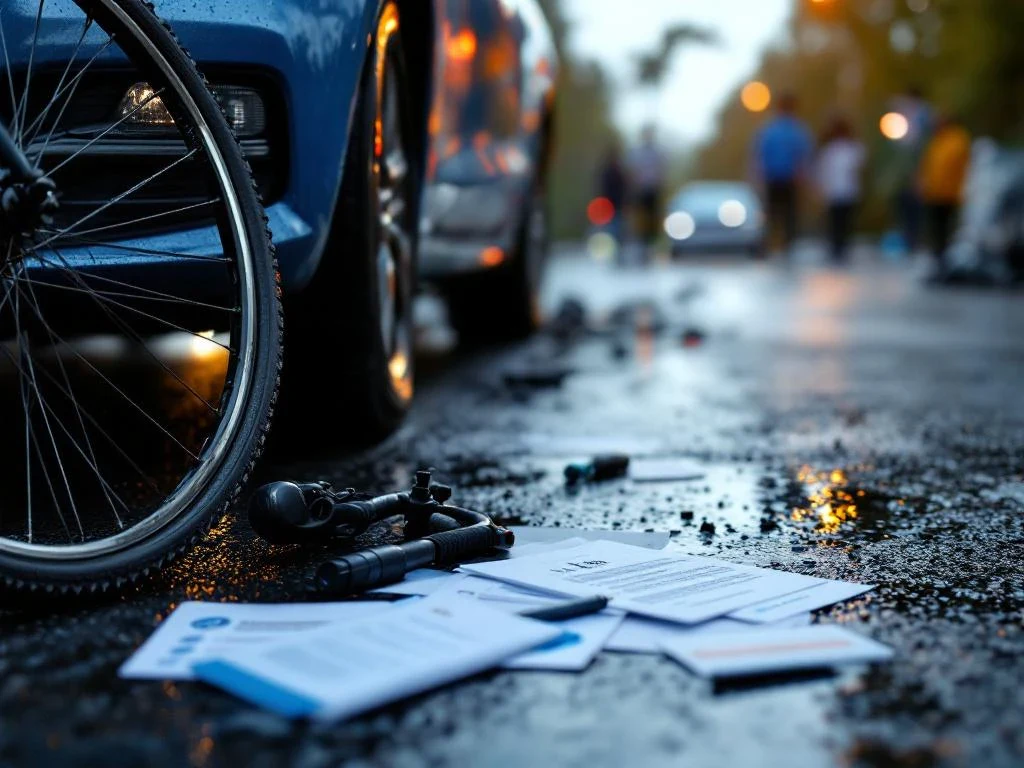 Beschadigde fiets op nat asfalt naast auto met medische documenten en therapieafspraken, revalidatieapparatuur op achtergrond