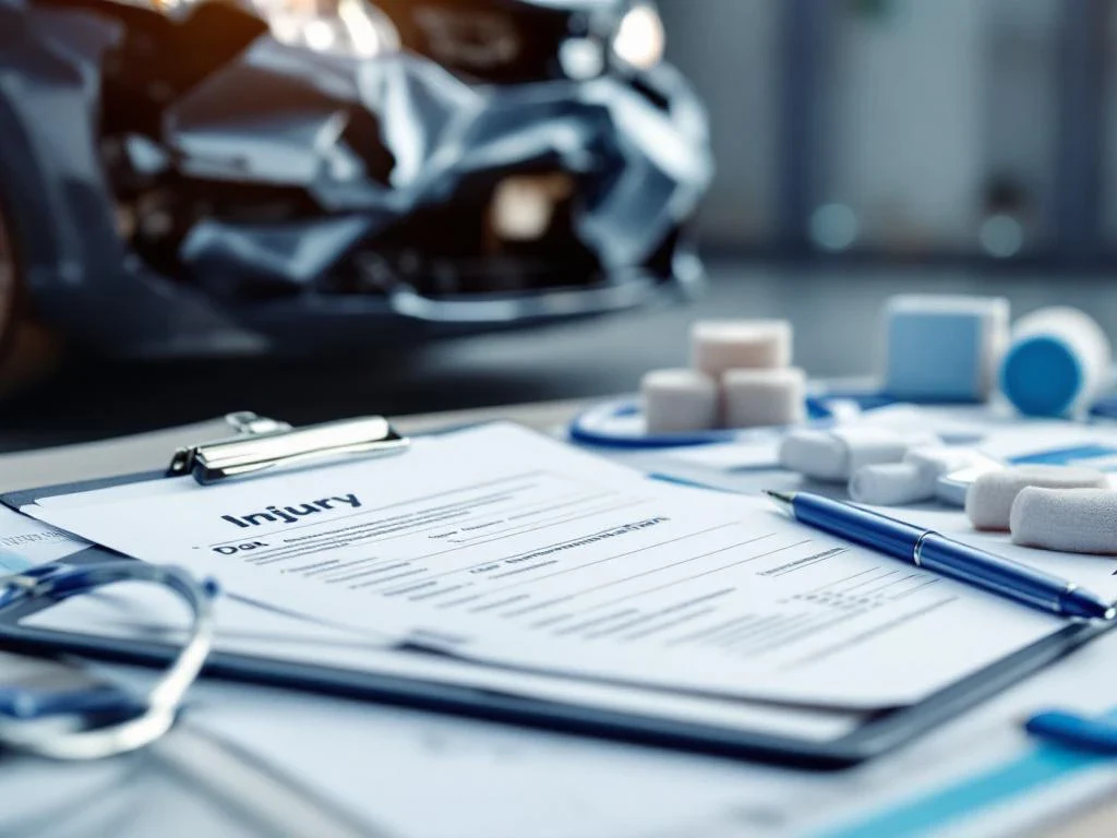 Medisch klembord met letselformulieren en stethoscoop, beschadigde auto op achtergrond na verkeersongeval