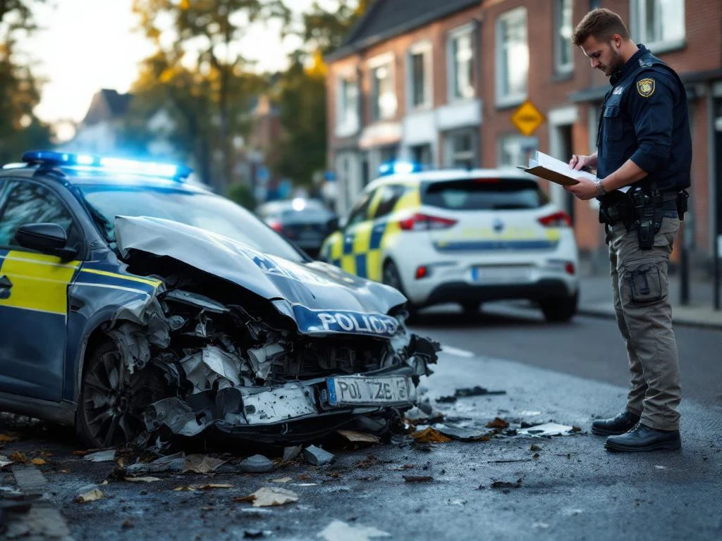 Politieagent schrijft ongevallenrapport na auto-ongeluk op Nederlandse straat met politiewagen op achtergrond