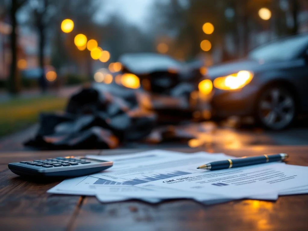 Verzekeringspapieren en juridische documenten op bureau met beschadigde auto na ongeval op Nederlandse straat op achtergrond