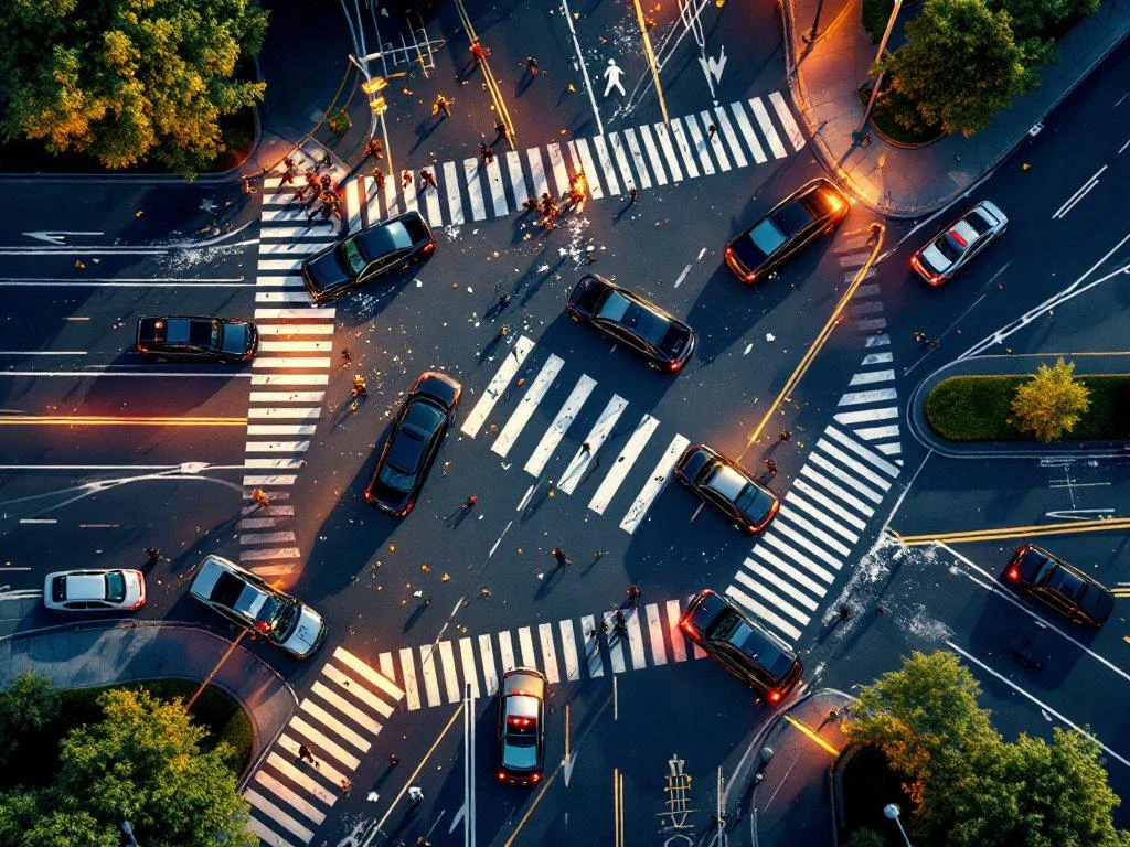 Luchtfoto van druk kruispunt met meerdere auto-ongelukken, noodverlichting en hulpdiensten op grijze asfaltweg
