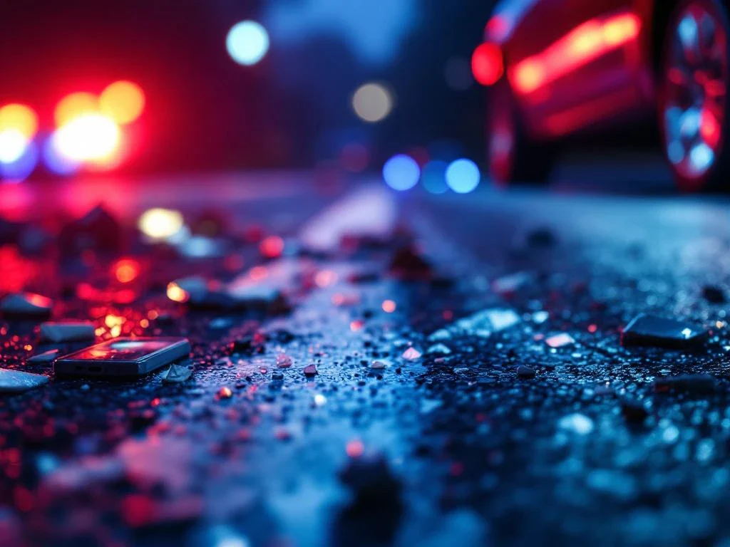Verkeersongeval met smartphone die bewijs documenteert, autopuin en remsporen op natte weg, ambulancelichten op achtergrond