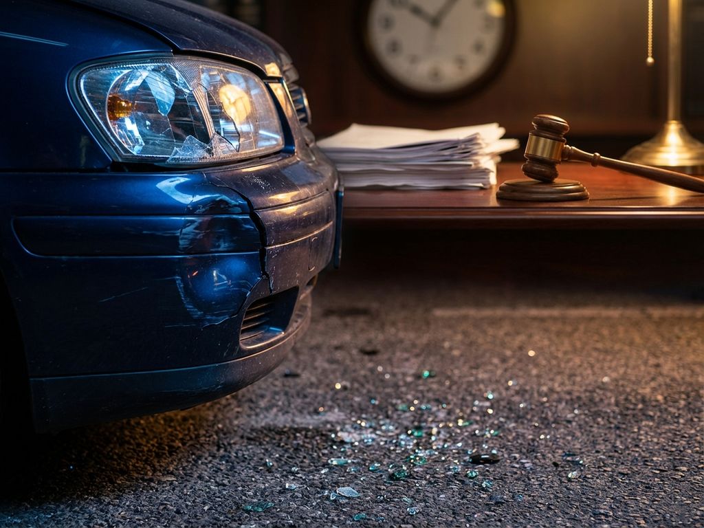 Beschadigde auto bumper en koplamp na botsing met juridische documenten en hamer op bureau, tijdgevoelige rechtshulp