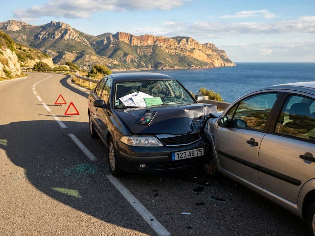 Twee beschadigde auto's na botsing op Europese weg met bergen, waarschuwingsdriehoeken en smartphone met noodcontact