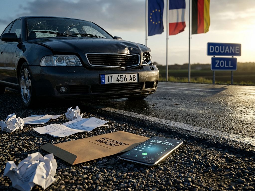Beschadigde auto met buitenlandse kentekenplaat bij Europese grensovergang met juridische documenten en smartphone