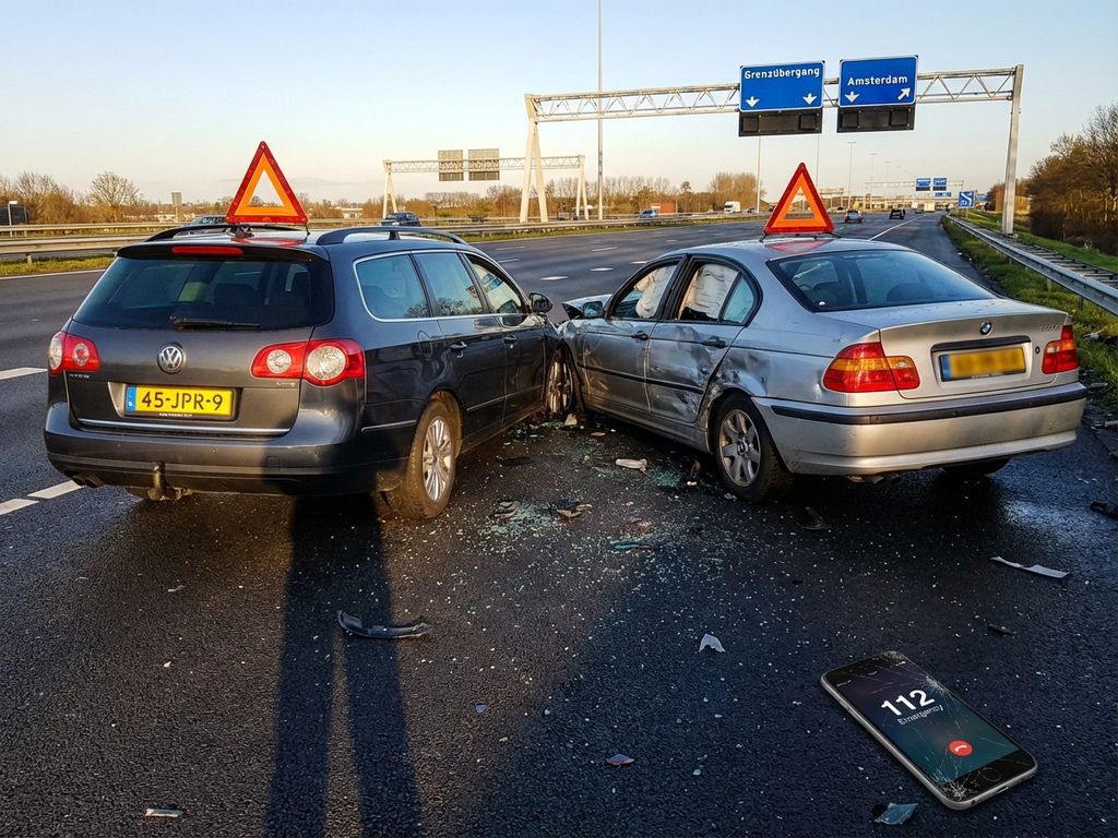 Twee beschadigde auto's na botsing op Europese snelweg met Nederlandse kentekens, airbags en gevarendriehoeken