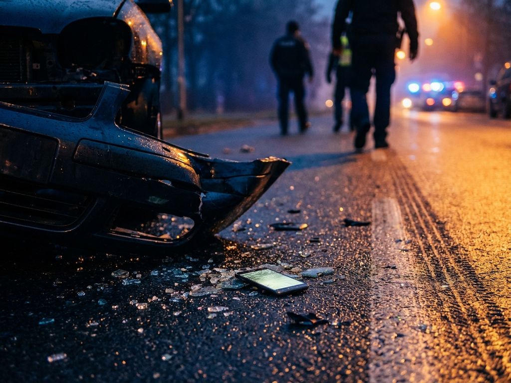 Beschadigde autobumper en glasscherven op nat asfalt na verkeersongeval, met getuigen op de achtergrond tijdens gouden uur