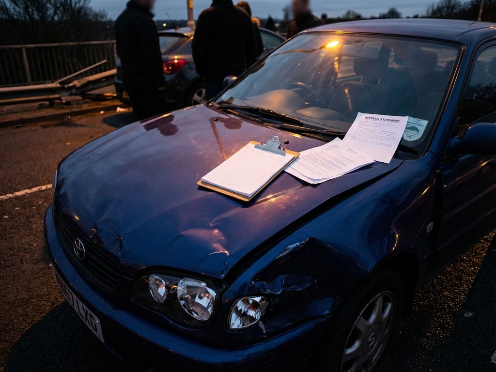 Beschadigde auto na ongeval met documenten en notitieblok op motorkap, getuigen op achtergrond voor schadeafhandeling