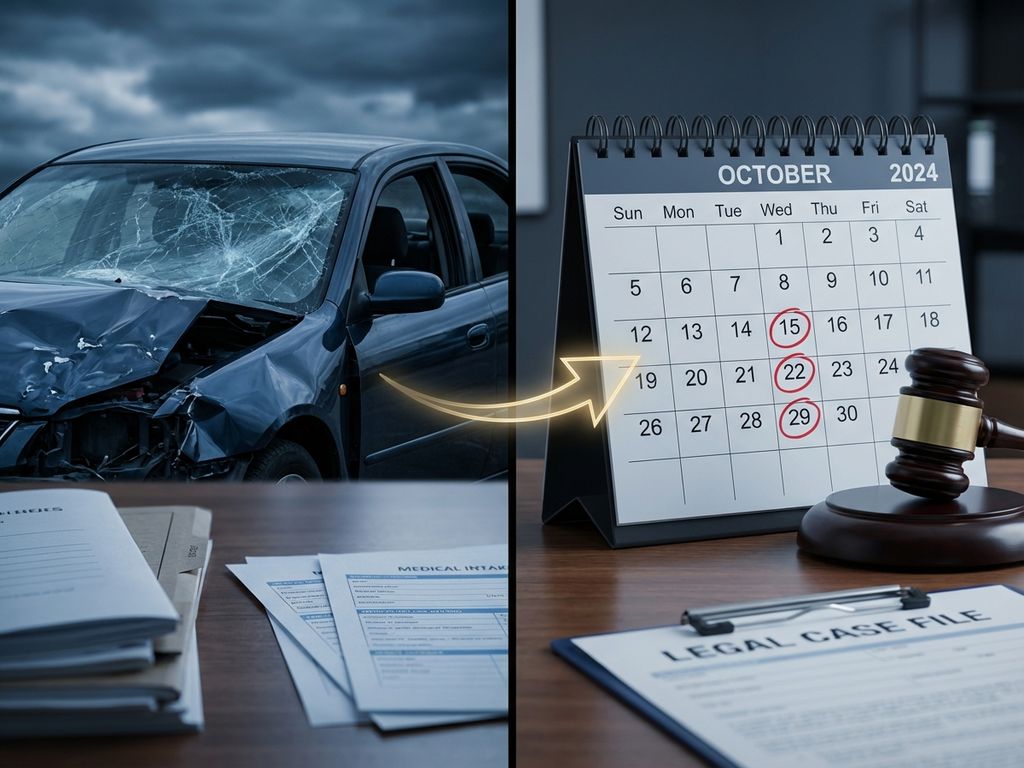Beschadigde auto met verkreukeld metaal naast kalender met rode datums, juridische documenten op voorgrond