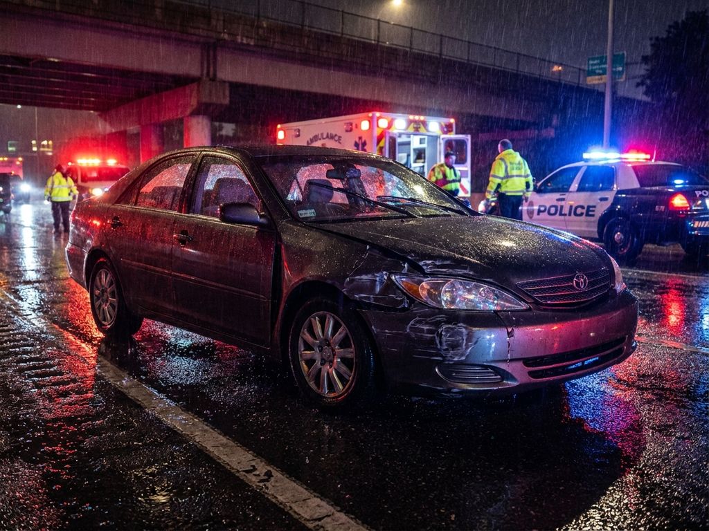 Beschadigde auto met deuken op natte weg bij verkeersongeval met ambulance en politie met zwaailichten op achtergrond