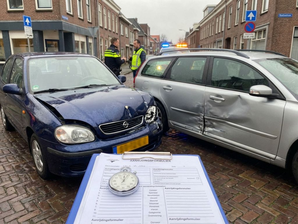 Twee beschadigde auto's na botsing op Nederlandse straat met klembord en documenten op motorkap, noodvoertuigen op achtergrond