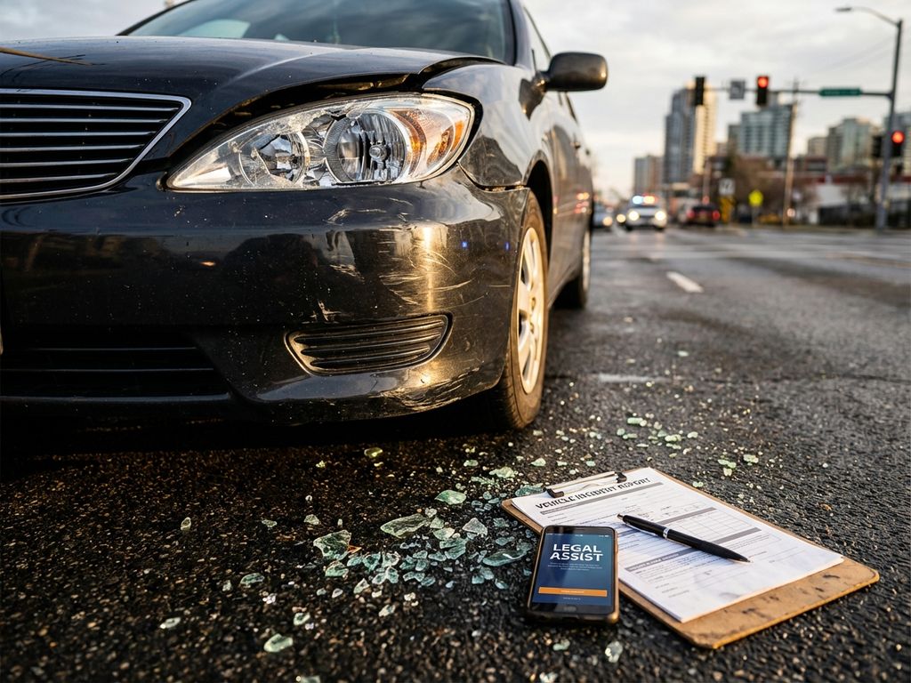 Beschadigde autobumper en koplamp na aanrijding met verzekeringspapieren en juridische app op smartphone op asfalt