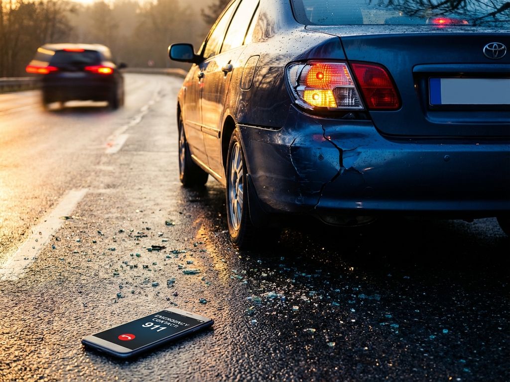 Beschadigde auto met gebarsten bumper en gebroken glas op natte weg, smartphone toont noodcontacten