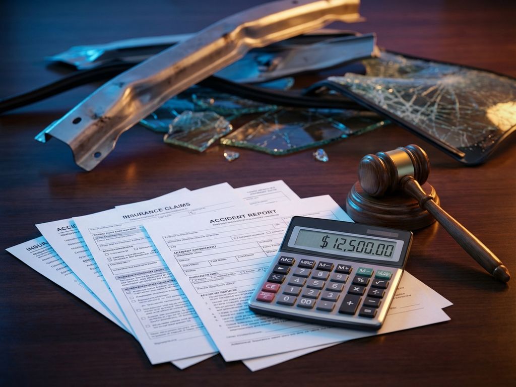 Financiële documenten en hamer op bureau met beschadigde auto op achtergrond, symboliseert juridische schadeclaim