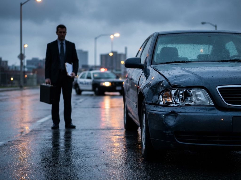 Beschadigde auto na ongeval op natte weg met advocaat op achtergrond die juridische documenten vasthoudt