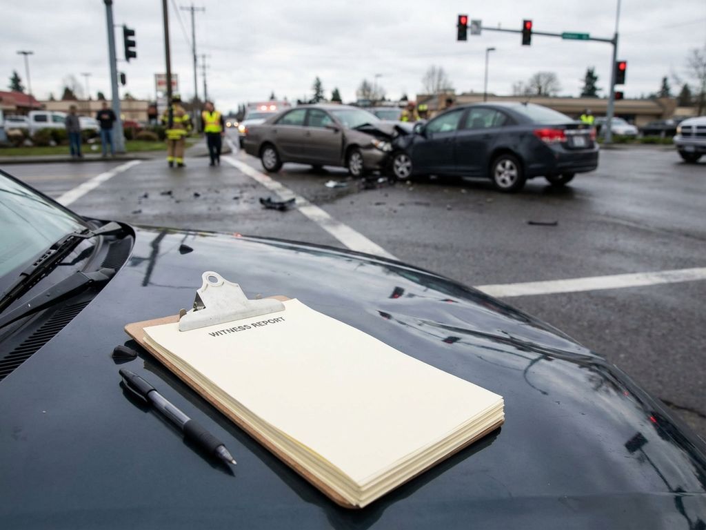 Klembord met pen op auto na verkeersongeval, twee beschadigde voertuigen op kruispunt voor getuigenverklaring