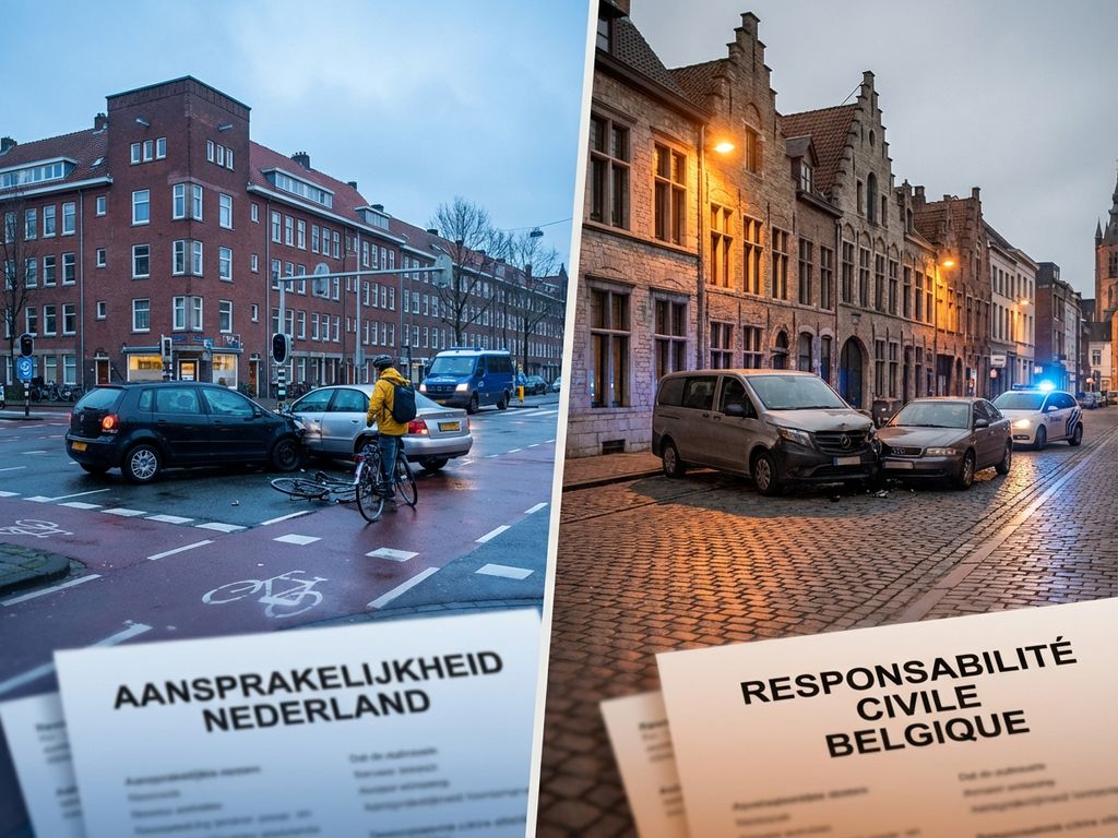 Vergelijking van auto-ongelukken in Nederlandse en Belgische straatscènes met juridische documenten op voorgrond