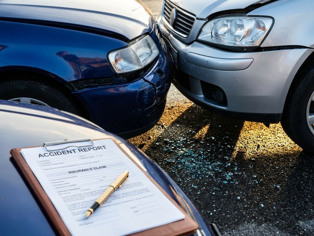 Beschadigde autobumpers na botsing met juridische documenten en gouden pen op motorkap voor schadeclaim
