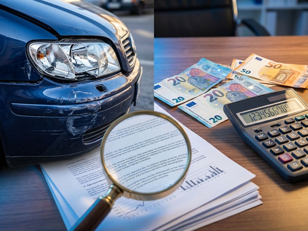Beschadigde auto met kapotte bumper en koplamp naast eurobiljetten, rekenmachine en juridische documenten onder vergrootglas