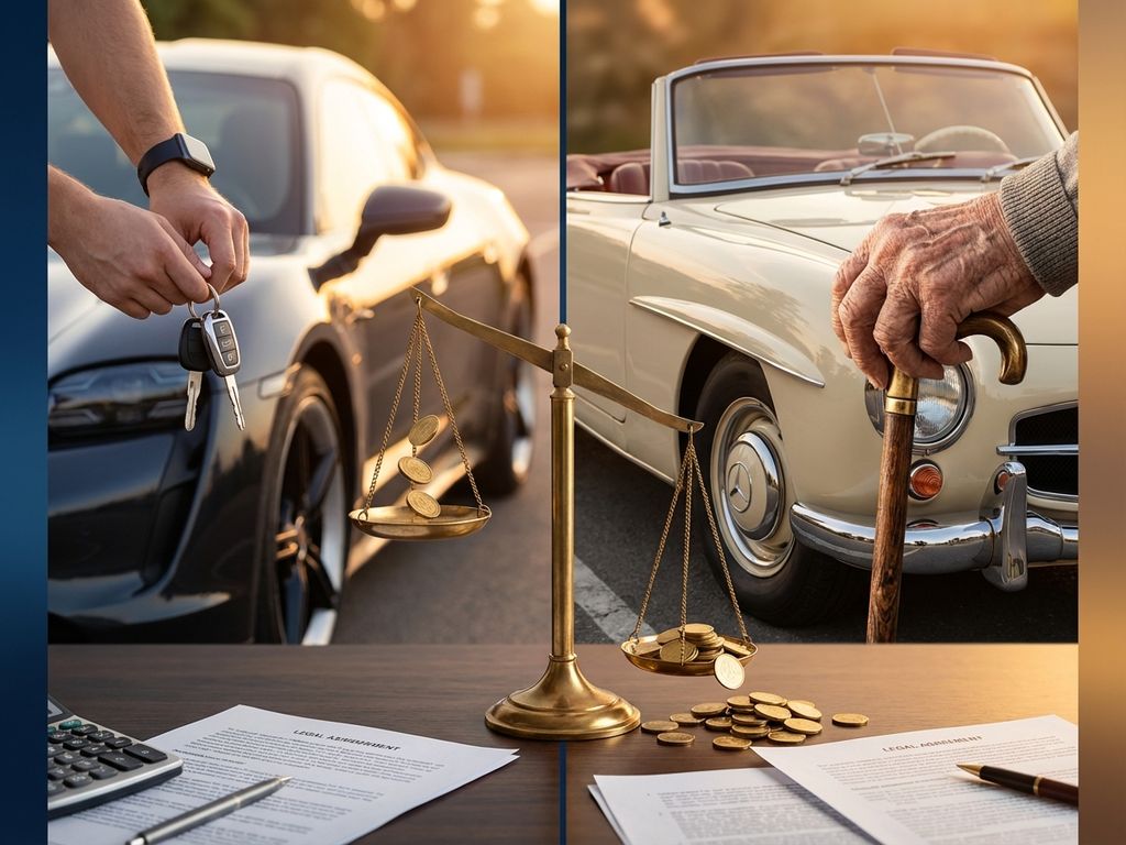 Compensatieverschillen tussen jonge en oudere bestuurders getoond met weegschaal, auto's en gouden munten