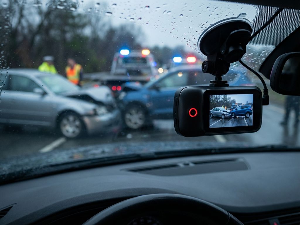 Dashcam met rode LED-indicator toont ongevallenbeelden op LCD-scherm, gemonteerd op voorruit met onscherpe botsing op achtergrond
