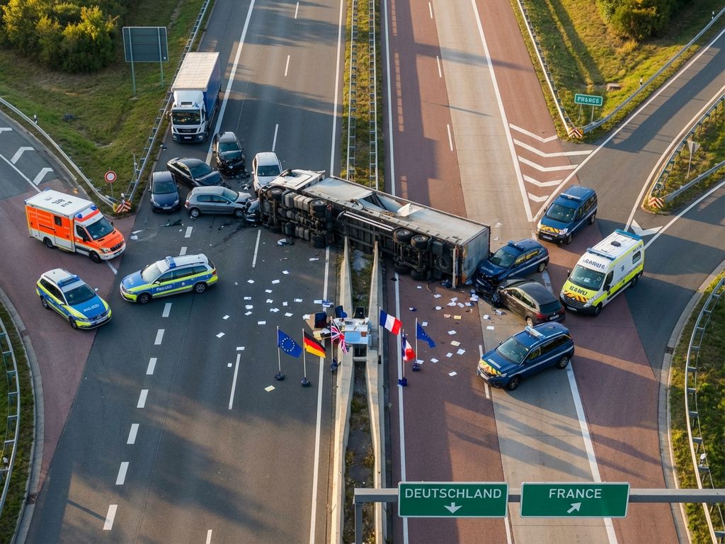 Luchtfoto van auto-ongeluk op Europese grensovergang met hulpdiensten van twee landen en internationale documenten