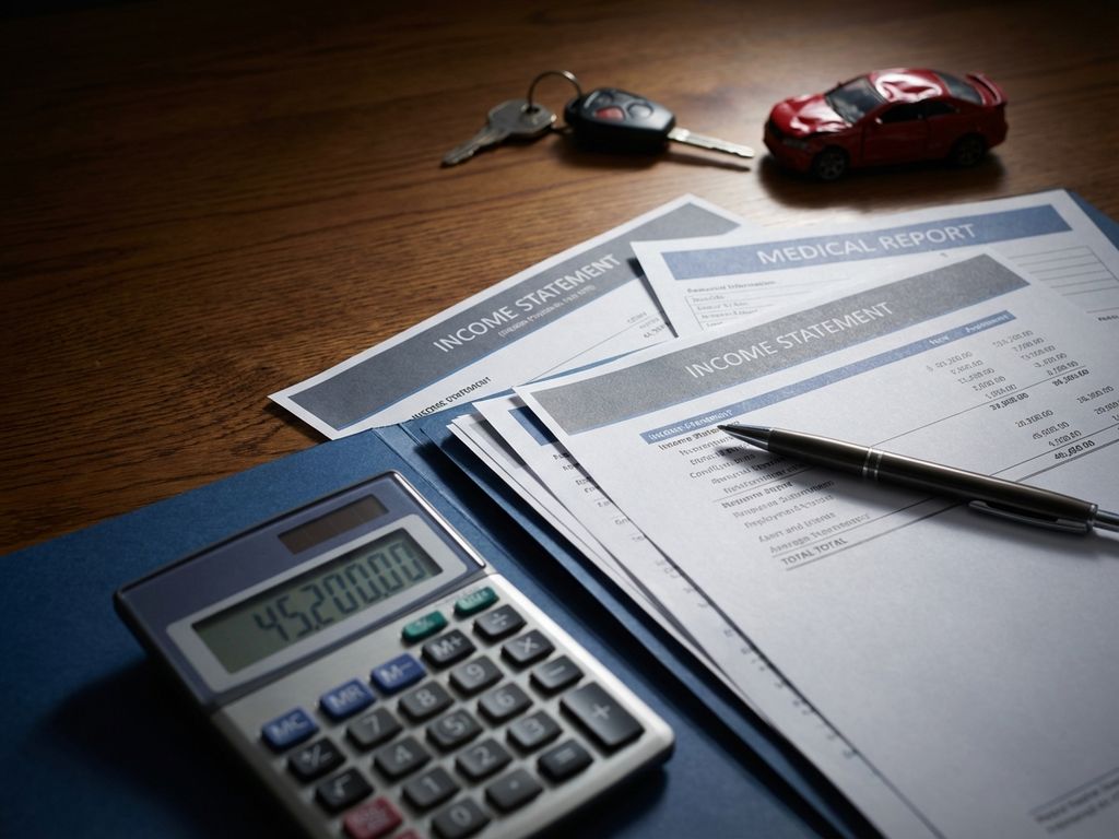 Financiële documenten en calculator op houten bureau met autosleutels, voor inkomstenverlies na ongeval documentatie