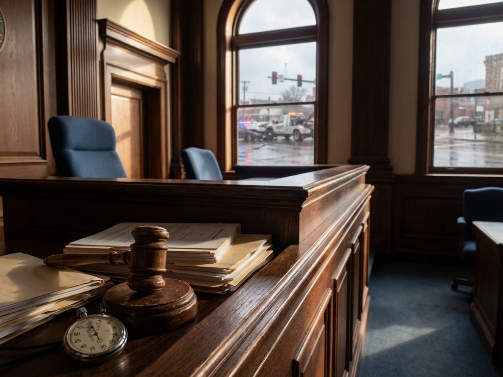 Rechter hamer op bureau met juridische documenten en stopwatch, auto-ongeluk zichtbaar door rechtbankramen op achtergrond
