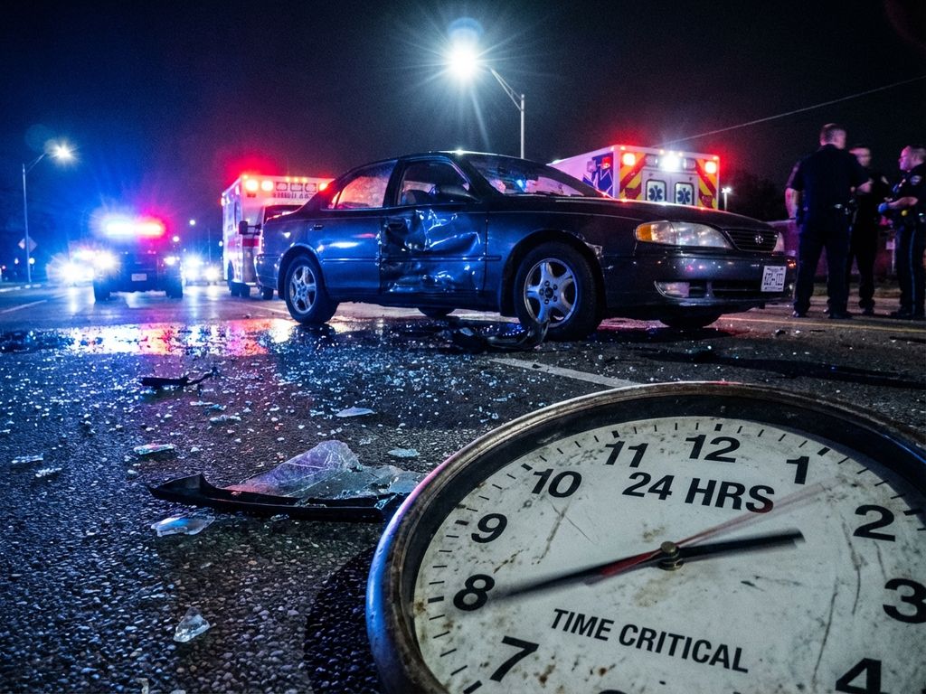 Verkeersongeval met beschadigde auto op nat asfalt, politielichten en klok die kritieke 24-uurs periode na ongeval toont