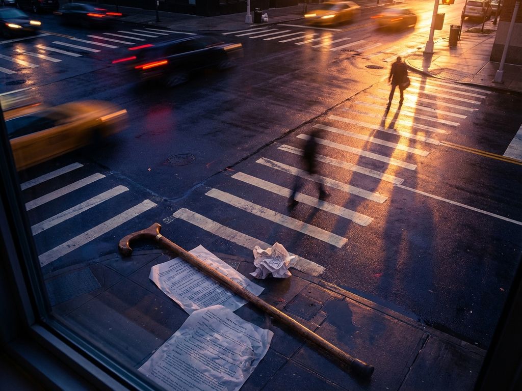 Zebrapad kruispunt met gevallen wandelstok en verspreide papieren op nat asfalt tijdens gouden uur verlichting