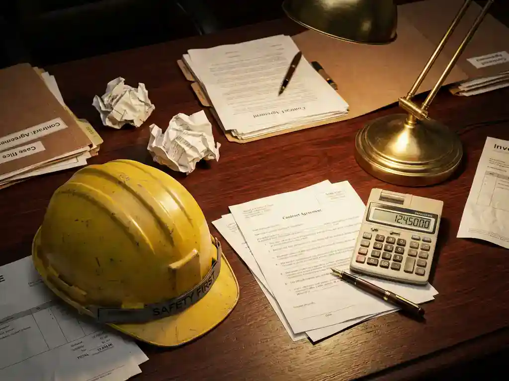 Gele bouwhelm op advocatenbureau met juridische documenten, rekenmachine en vulpen op mahoniehout bureau