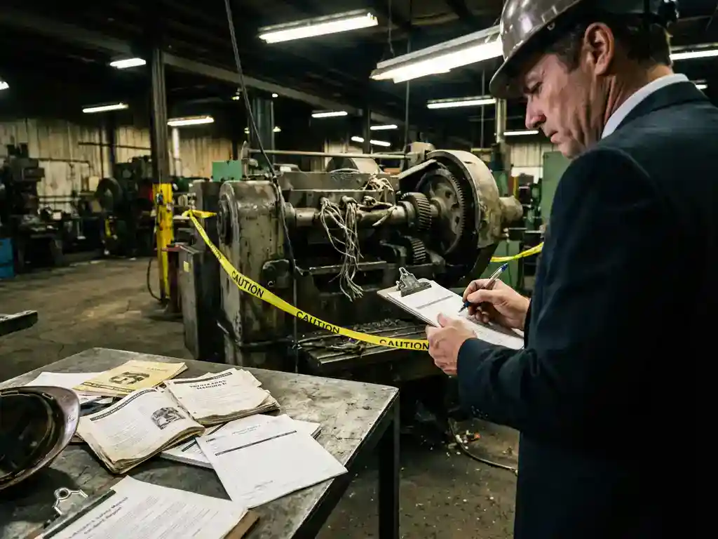 Arbeidsinspecteur onderzoekt beschadigde industriële machine met klembord, omringd door geel afzetlint en veiligheidsdocumenten
