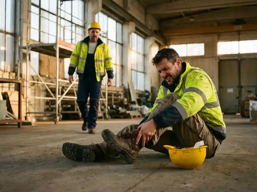 Bouwvakker met enkelblessure zit op betonvloer terwijl collega hulp biedt in industriële werkplaats met steigers