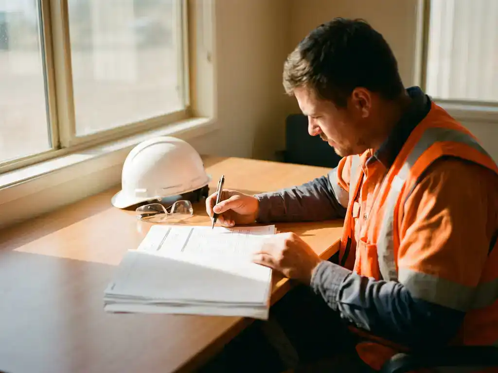 Bouwvakker in oranje veiligheidskleding bekijkt documenten aan bureau met witte helm en veiligheidsbril ernaast
