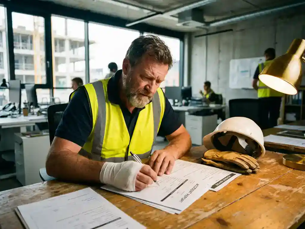 Bouwvakker in reflecterend vest vult ongevallenrapport in met verbonden hand op kantoor, helm en handschoenen op bureau