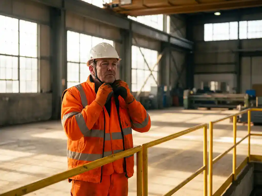 Bouwvakker in oranje veiligheidskleding past helm aan naast gele veiligheidsbarrière op industriële werkplek