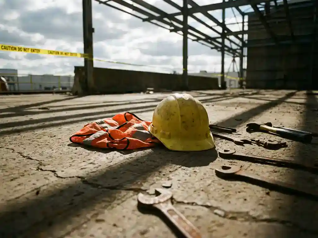 Gele bouwhelm en veiligheidsvest liggen op betonnen vloer naast gereedschap, afzetlint zichtbaar op achtergrond