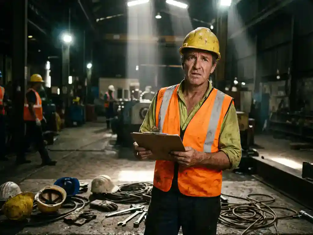 Bezorgde bouwvakker met klembord en veiligheidskleding op industriële werkplek met gereedschap op de grond