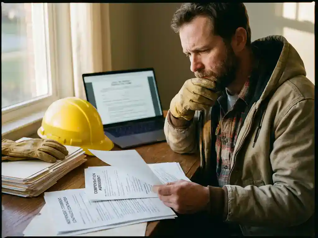 Freelance aannemer met bezorgde uitdrukking bekijkt compensatiedocumenten aan houten bureau met helm en handschoenen