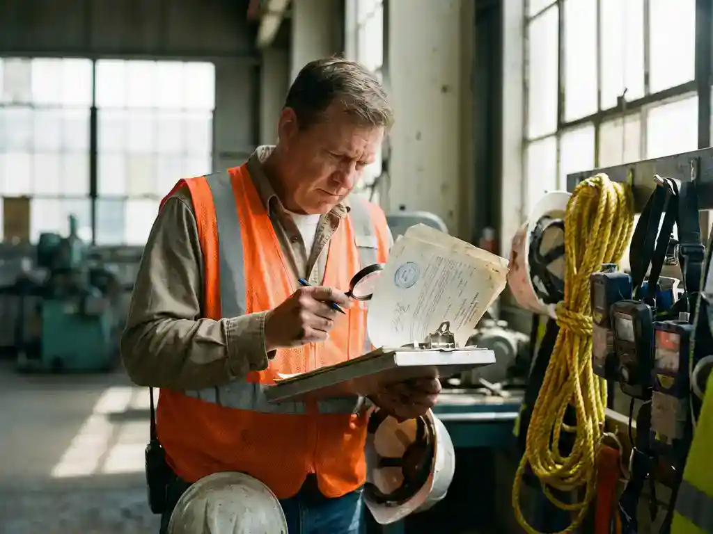 Professionele inspecteur in reflecterend vest controleert officiële documenten op klembord bij industriële veiligheidsapparatuur